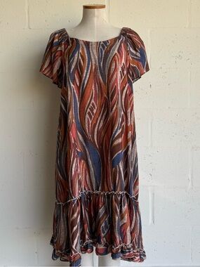 Robbie Bee Wave-Print Short Sleeve Midi Dress XL Rust Navy ruffle abstract